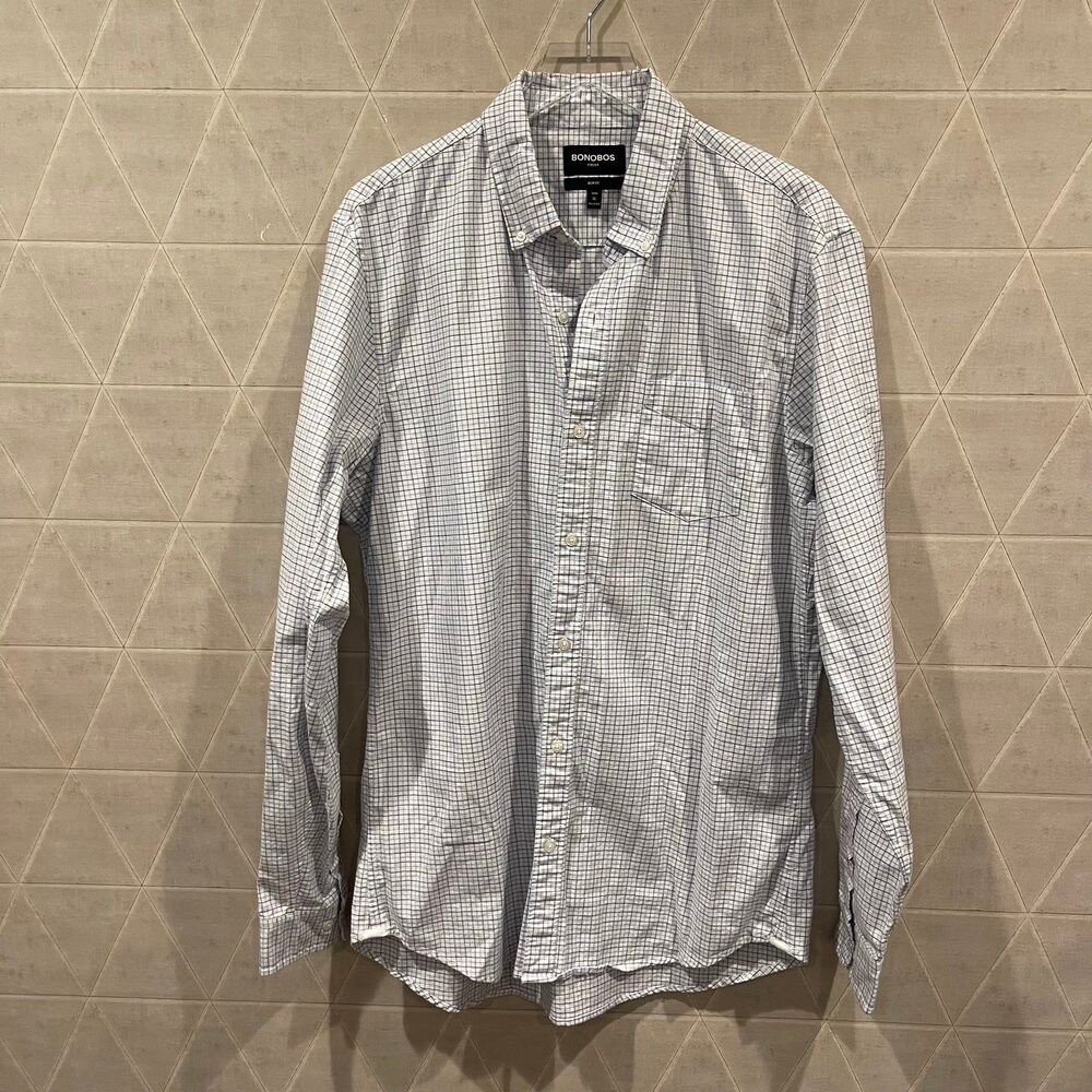 Bonobos Slim Fit Dress Shirt White/Blue Windowpane Plaid XL Long EUC
